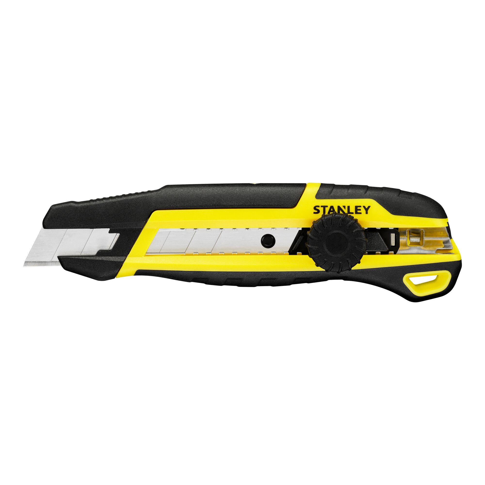 Photo du couteau utilitaire STANLEY STHT10500-0 avec corps noir et jaune, vue latérale sur fond blanc.